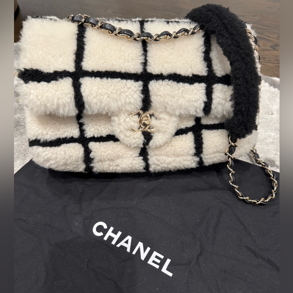 Chanel Shearling White Black Tartan Single Flap CC Chain Shoulder Bag